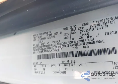 2020 Ford Transit z USA, uszkodzony, nr VIN 1FTBR1C87LKB23910